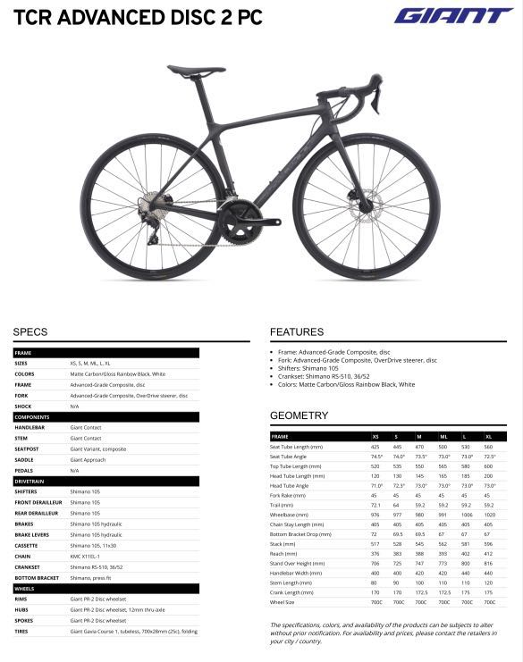 Giant tcr advanced hot sale frame size chart