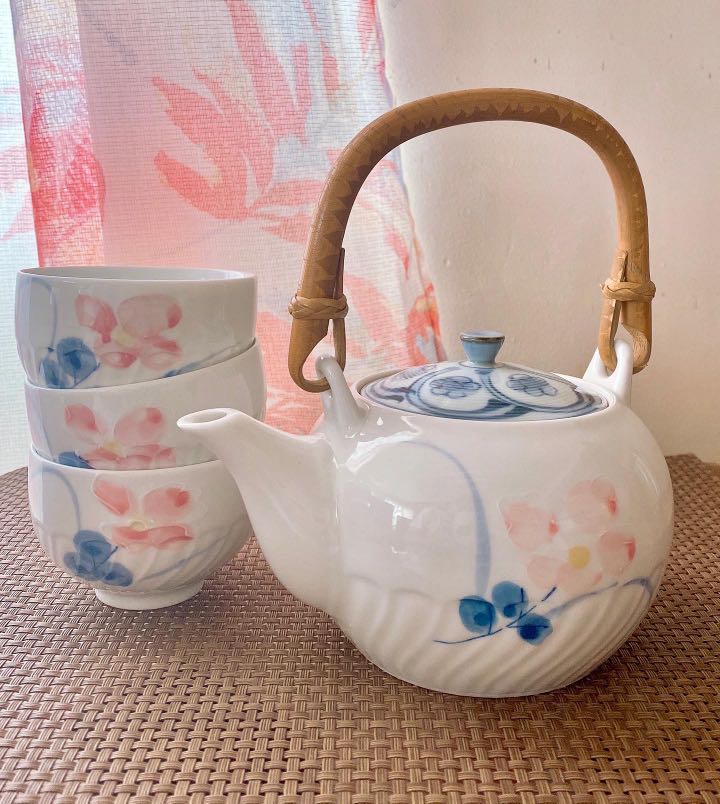 Japanese Tea Set Teapot with filter (rattan handle) w/ 3 teacups