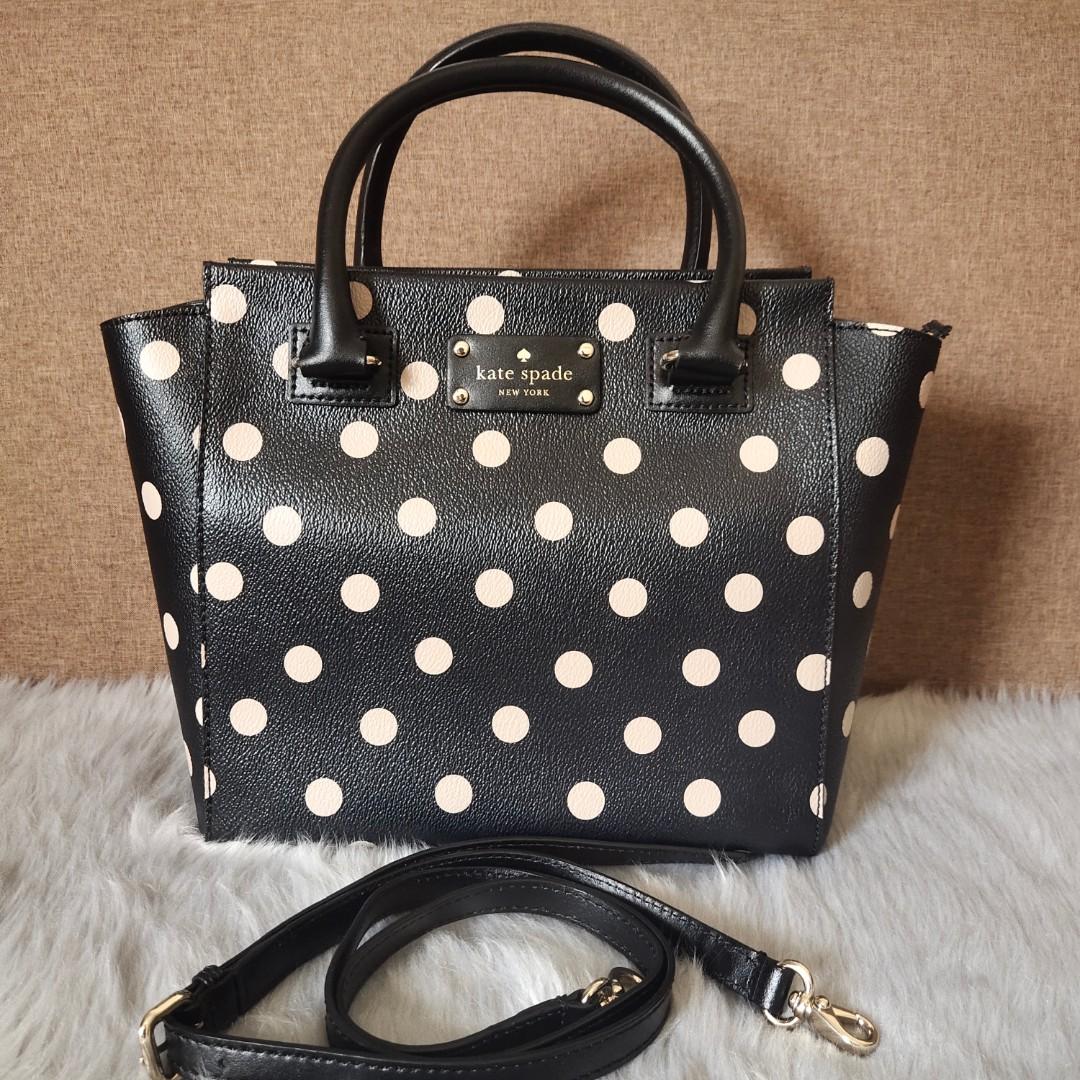 Kate Spade two-way bag in polka (Category: Luxury Bags & Wallets) located in Santa Cruz. Submitted by phkashoppe (Listing ID 1178339290, Image 1). Description: authentic Kate Spade two-way bag polka design brand new with detachable/adjustable sling gold hardware zipper on top/main compartment medium size.