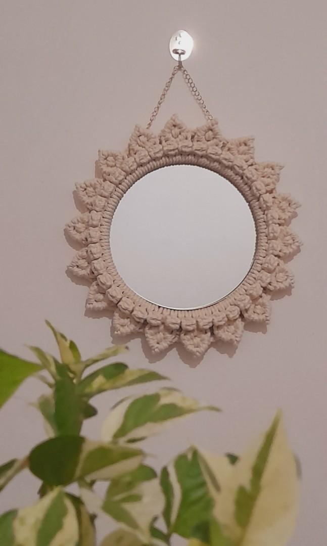 Macrame wall hanging mirror (Category: Mirrors) located in Binan City. Submitted by relizas_modern_macrame (Listing ID 1178382787, Image 3). Description: 10" mirror with metal frame 16" total diameter #mirror #macrame #wallhangingdecor #giftidea #flower #sunflower #sun.