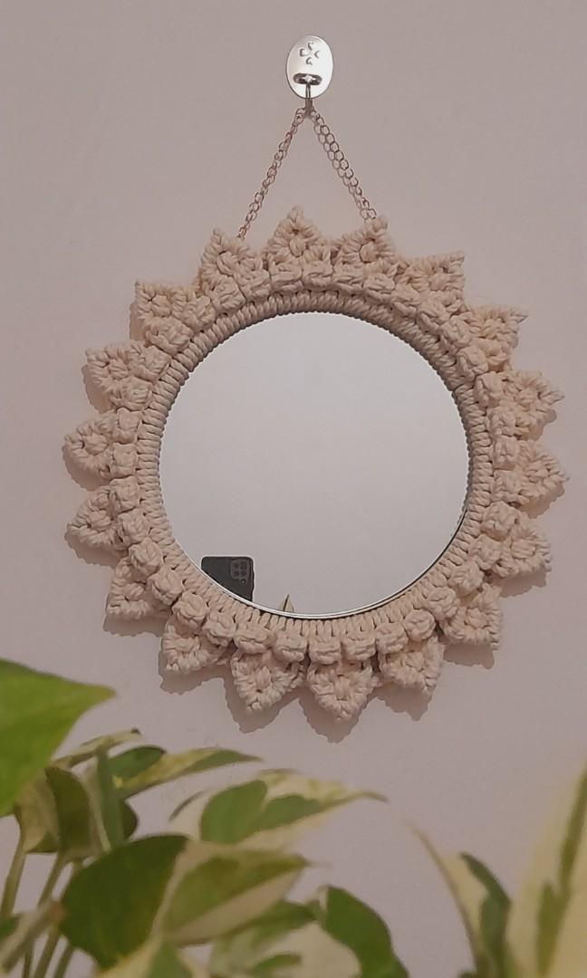 Macrame wall hanging mirror (Category: Mirrors) located in Binan City. Submitted by relizas_modern_macrame (Listing ID 1178382787, Image 1). Description: 10" mirror with metal frame 16" total diameter #mirror #macrame #wallhangingdecor #giftidea #flower #sunflower #sun.