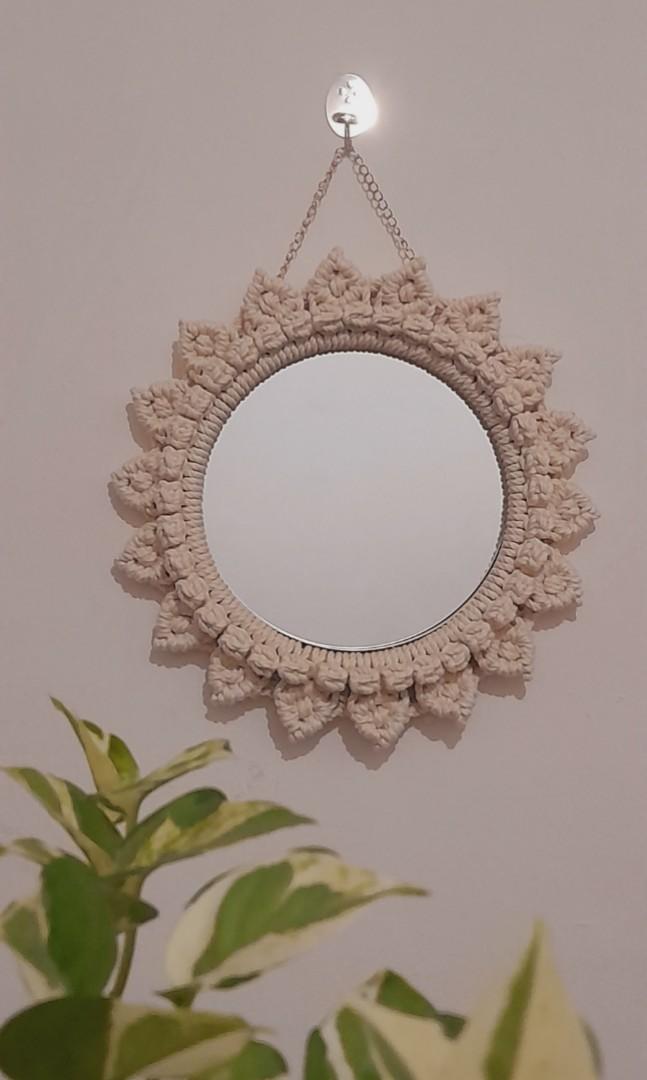Macrame wall hanging mirror (Category: Mirrors) located in Binan City. Submitted by relizas_modern_macrame (Listing ID 1178382787, Image 2). Description: 10" mirror with metal frame 16" total diameter #mirror #macrame #wallhangingdecor #giftidea #flower #sunflower #sun.