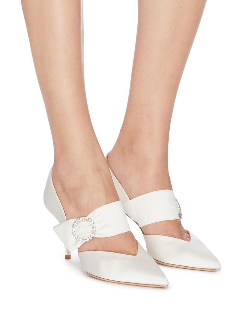 Malone Souliers Crystal Pumps (Category: Sneakers & Footwear) located in Makati City. Submitted by _collectorschoice_ (Listing ID 1178400798, Image 3). Description: Malone Souliers Maite Crystal-Buckle Satin Point-Toe Pumps ° Malone Souliers satin pumps with crystal buckle detail ° Crossover strap with elastic insert at mid-vamp ° Hand made in Italy ° Exterior material: Satin ° Lining material: Leather ° Insole Material: Leather ° Sole Material: 