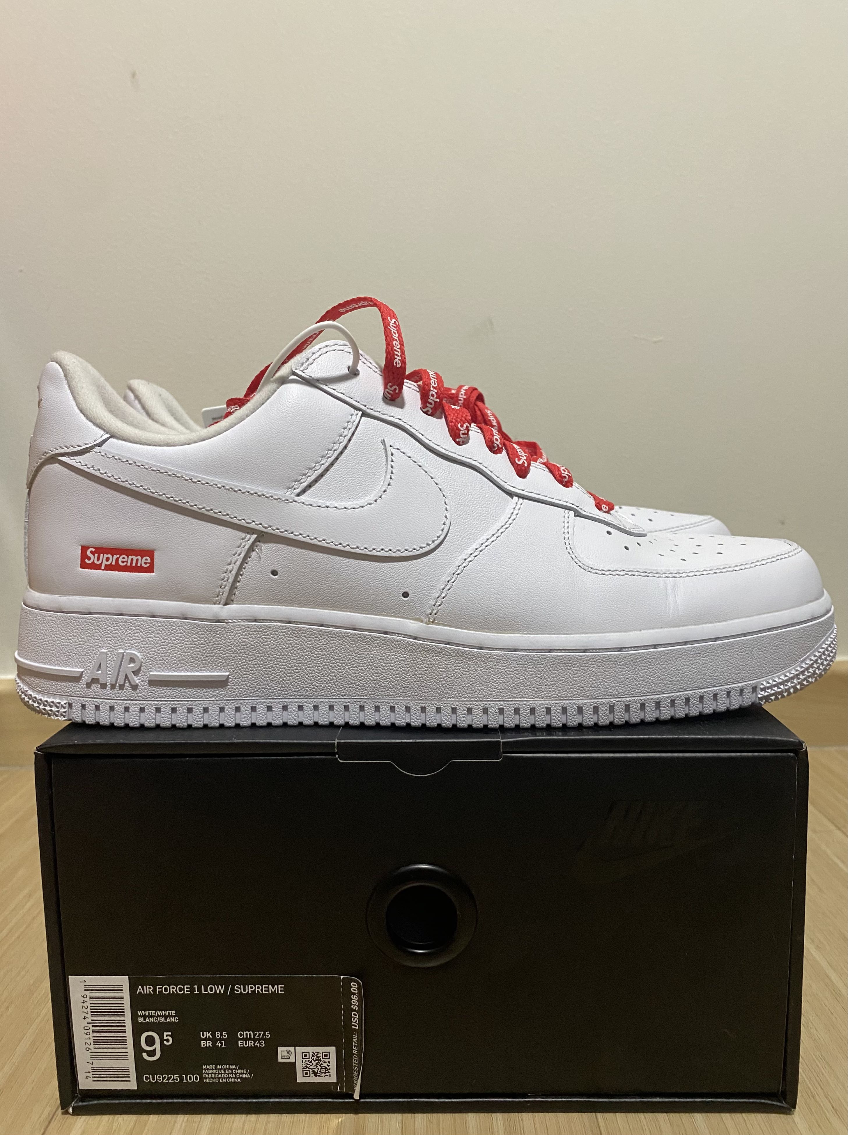Nike Air Force 1 Low Supreme Box Logo White | Size 10.5, Sneaker