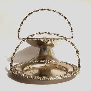 Vintage bride's basket pedestal bowl dish  silvertone