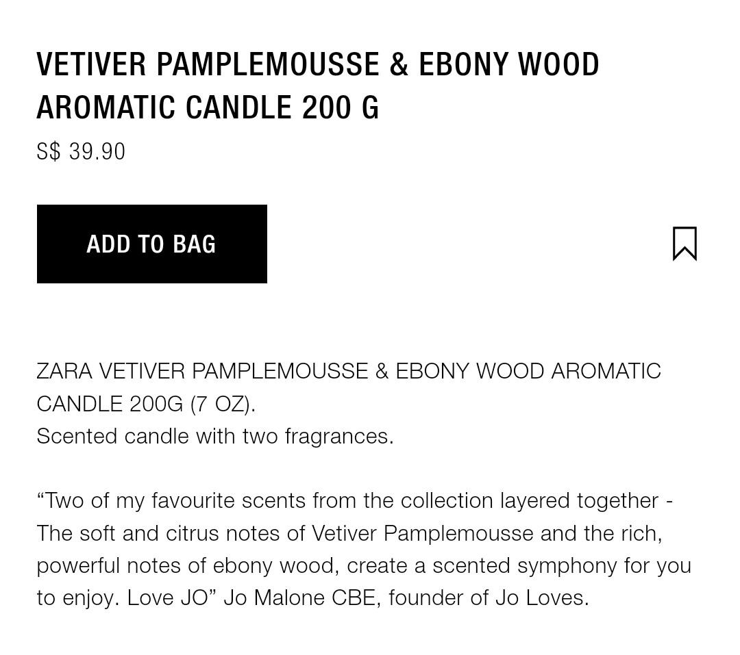 Zara Emotions Vetiver Pamplemousse & Ebony Wood scented candle
