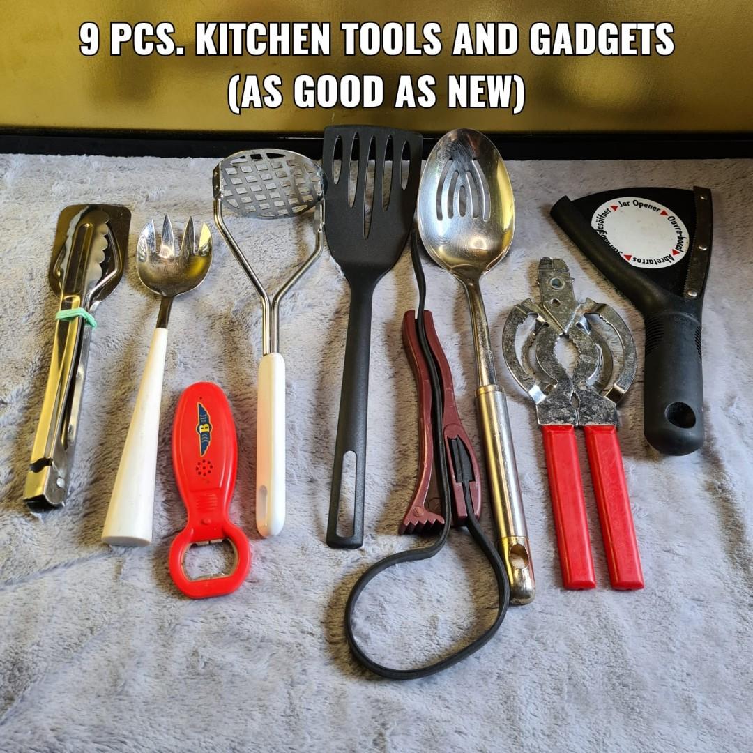 9 PCS. KITCHEN TOOLS & GADGETS (AS GOOD AS NEW) (Category: Cookware & Accessories) located in Bulacan. Submitted by sakurajade (Listing ID 1178618710, Image 1). Description: 9 PCS. KITCHEN TOOLS & GADGETS (AS GOOD AS NEW) 👉Price: P570 ONLY ✅️ Good condition, new arrival, useful for home and shop, slightly used ✅️ Ladles, tongs, jar opener, bottle opener, mash ✅️ Material: Stainless and hard plastic ✅️ Issue: Minimal body scratches.
