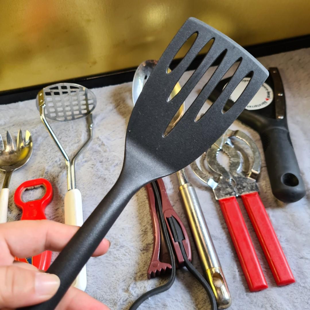 9 PCS. KITCHEN TOOLS & GADGETS (AS GOOD AS NEW) (Category: Cookware & Accessories) located in Bulacan. Submitted by sakurajade (Listing ID 1178618710, Image 3). Description: 9 PCS. KITCHEN TOOLS & GADGETS (AS GOOD AS NEW) 👉Price: P570 ONLY ✅️ Good condition, new arrival, useful for home and shop, slightly used ✅️ Ladles, tongs, jar opener, bottle opener, mash ✅️ Material: Stainless and hard plastic ✅️ Issue: Minimal body scratches.