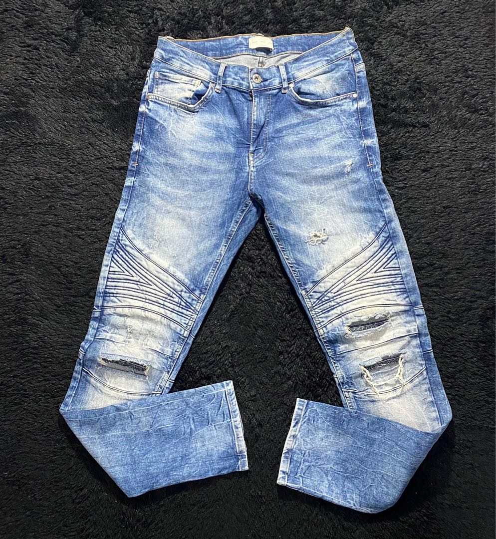 Bikers Jeans Ripped Zara Man, Fesyen Pria, Pakaian , Bawahan di Carousell