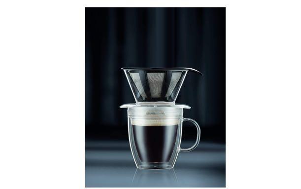 Bodum Pour Over Coffee Dripper Set with Double Wall Mug and Permanent Filter, 12 Ounce, Clear
