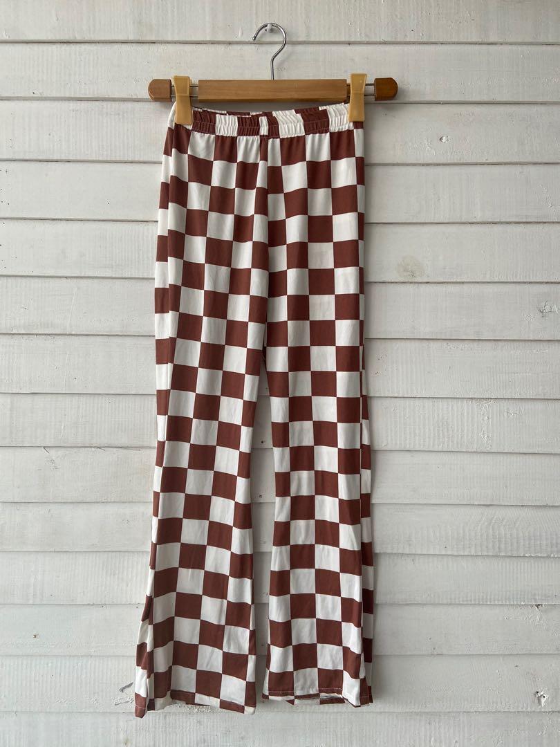 1667 Brown Check Wide Leg Flare Pants