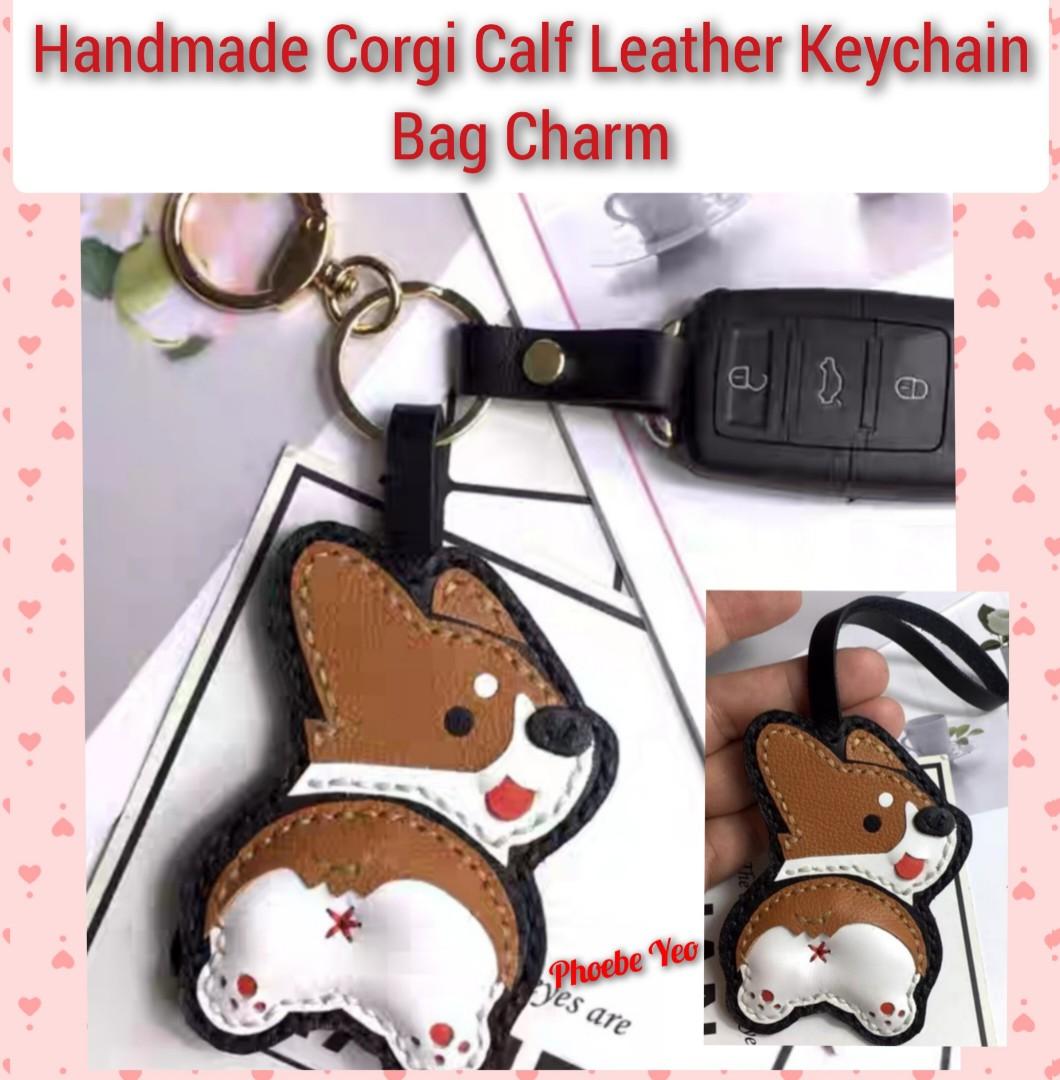 Handmade Corgi Calf Leather Keychain Bag Charm, Women's Fashion