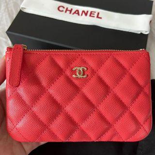 Chanel Coral Red / Pink Mini O Case Pouch Caviar Leather Gold Hardware