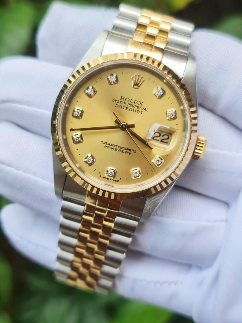 Rolex Datejust Ref 16233G Champagne Diamond Dial 18K Yellow 