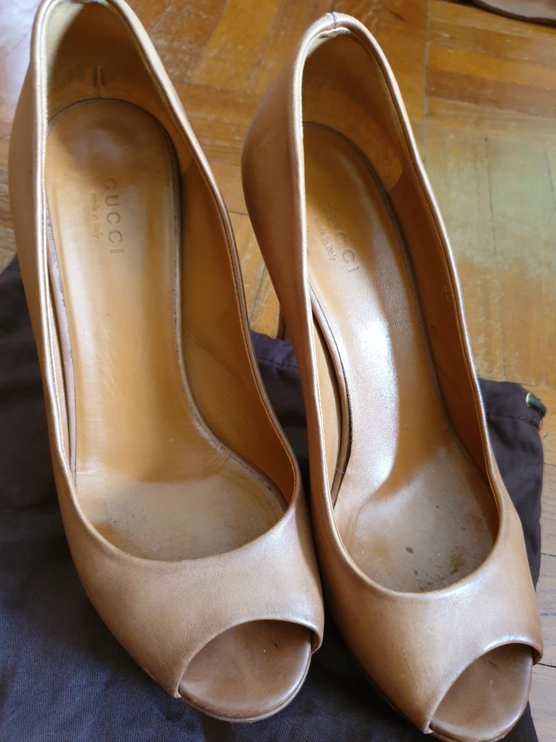Gucci Nude Leather Peep Toe Platform Pumps Women s Fashion