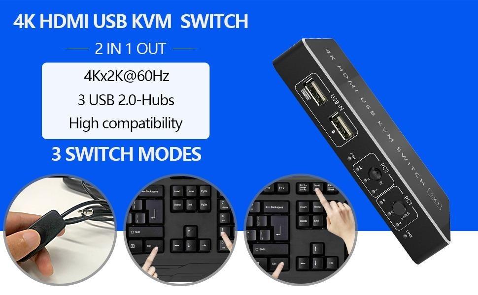 HDMI USB KVM Switch, 2 in 1 4K HDMI USB Switcher for 2 Computers Share Keyboard Mouse Support