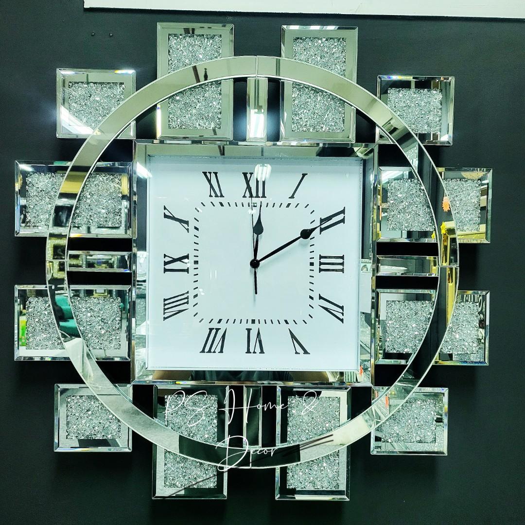 [Preorder] Stunning Crushed Diamond Mirrored Wall Clock, Furniture ...