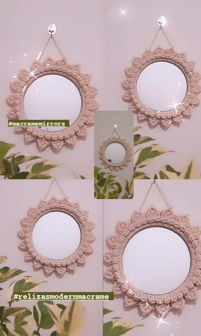 Macrame wall hanging mirrors (Category: Mirrors) located in Binan City. Submitted by relizas_modern_macrame (Listing ID 1178475374, Image 1). Description: 10" mirror with metal frame 16" total diameter #mirror #macrame #wallhangingdecor #giftidea #flower #sunflower #sun.