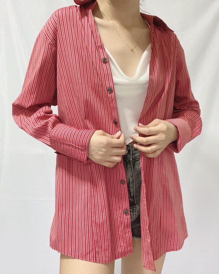 Striped red oversized btd, Women's Fashion, Tops, Longsleeves on Carousell