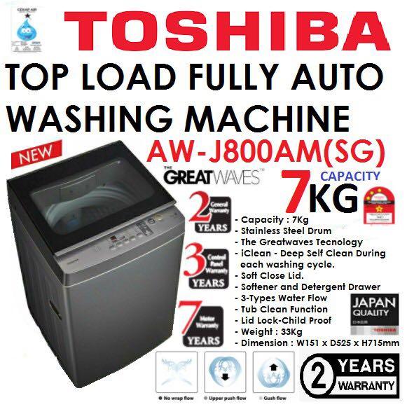 Toshiba 7KG Full Auto Washing Machine AWJ800AM (SG) * KL SELANGOR