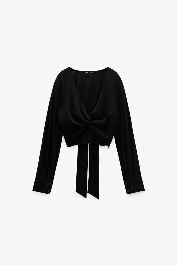 Zara Linen Blend Knotted Top, Women's Fashion, Tops, Longsleeves on