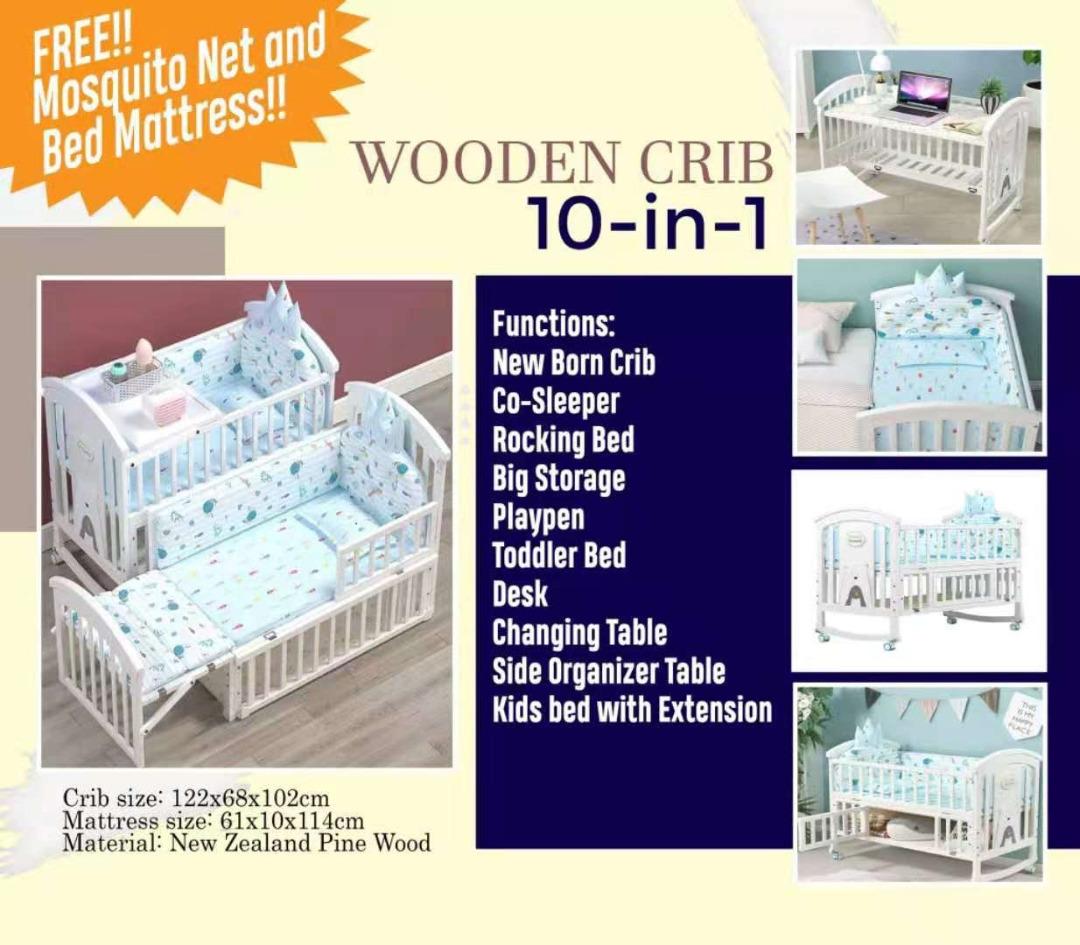 10in1 Multi Function Crib with FREE Bed Mattress and Mosquito Net