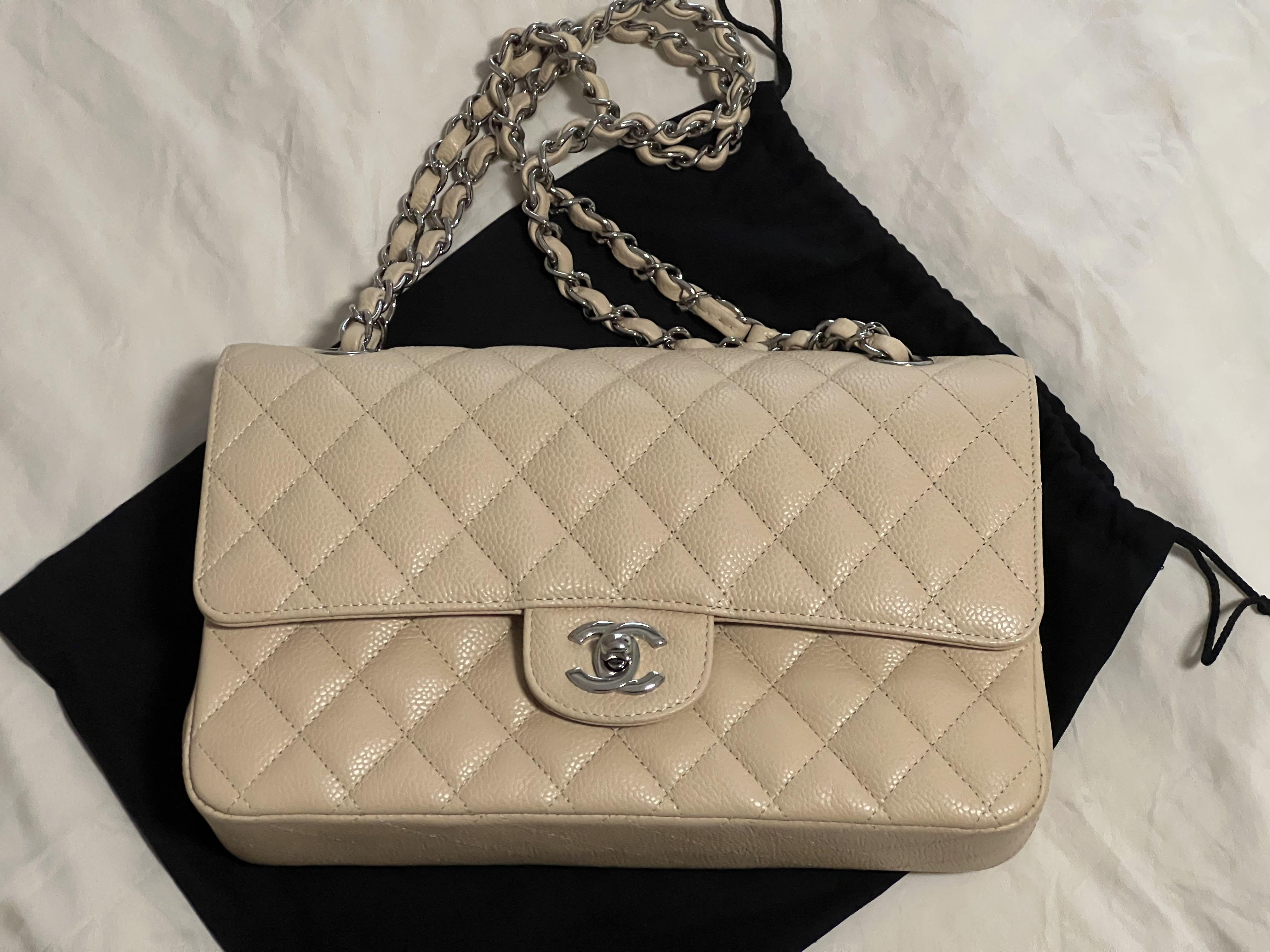 Authentic Chanel Beige Classic Caviar Medium Double Flap Bag with