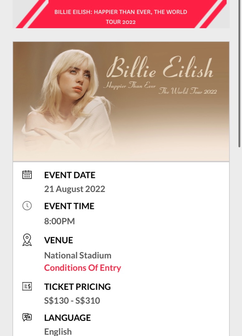 Billie Eilish concert ticket, Tickets & Vouchers, Event Tickets on