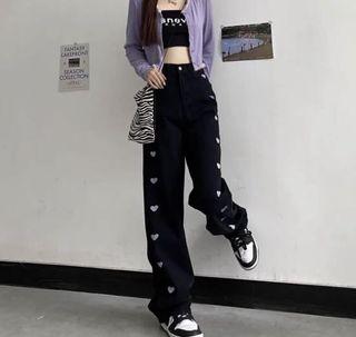 black wide leg heart embroidered jeans