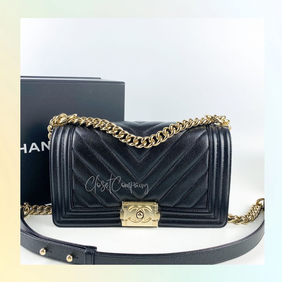 Brand New Chanel Le Boy Chevron Caviar Old Medium and Champagne Gold  Hardware (Microchip), Luxury, Bags & Wallets on Carousell