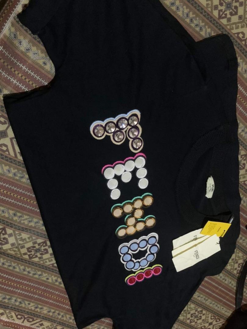 Fendi Studded Logo Applique T shirt Women s Fashion Tops Shirts