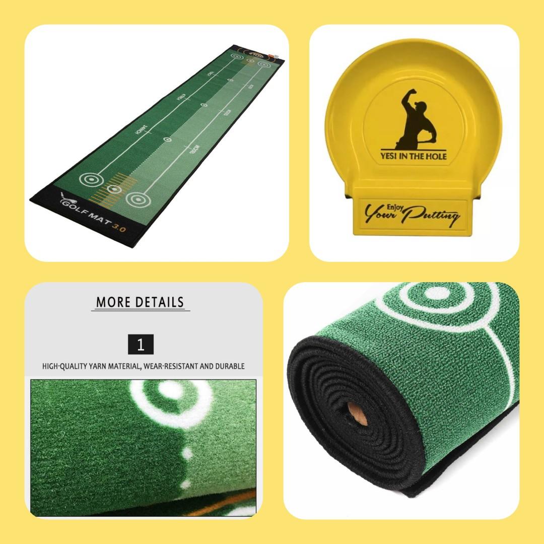 Golf Putting Trainer Practice Mat + Yellow Cup Hole, Sports Equipment