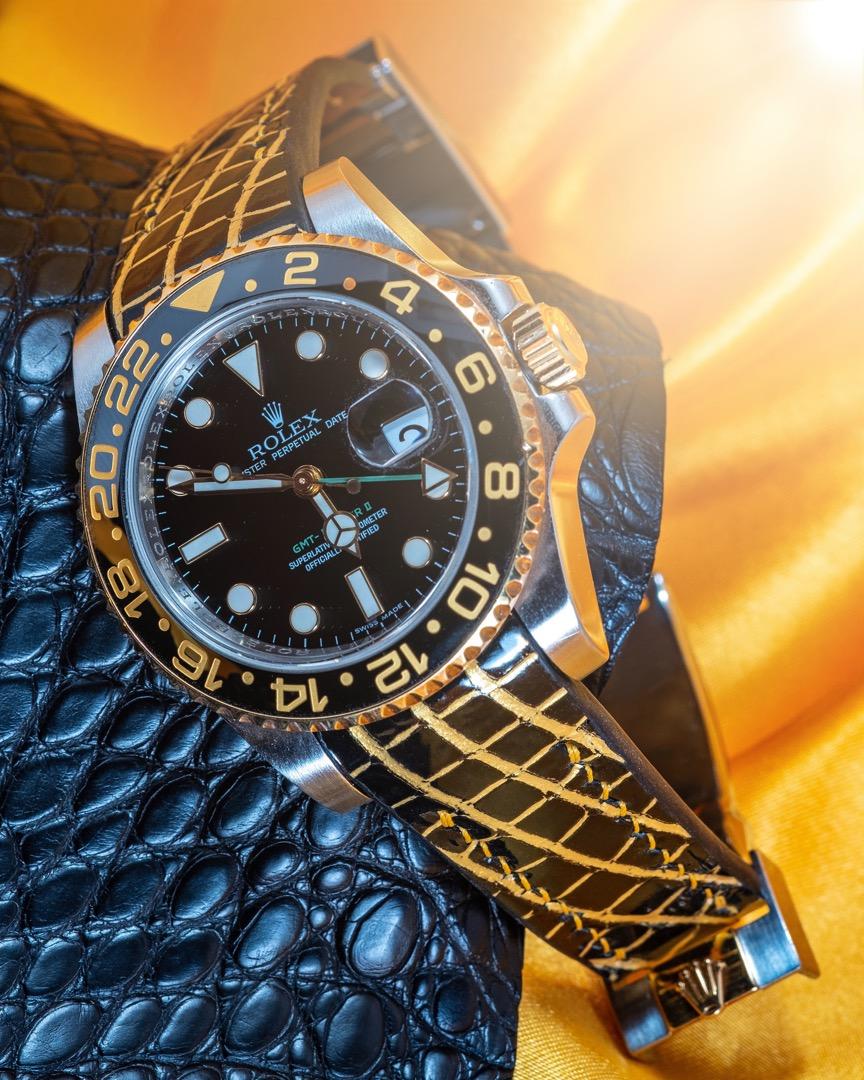 Handmade Hand stitched Watch Strap in Black Gold Alligator Leather For Client s Rolex GMT II Watch 116713LN