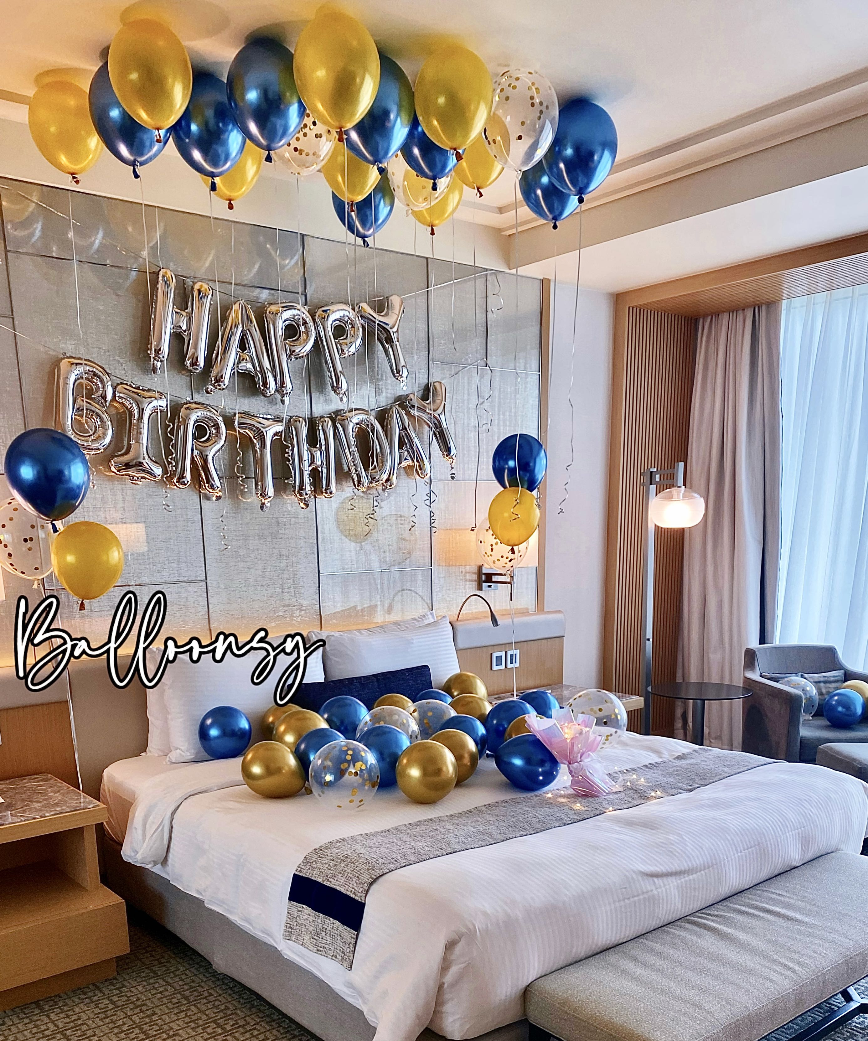 Helium balloons decor Birthday Surprise at Hotel room, Balloons ...