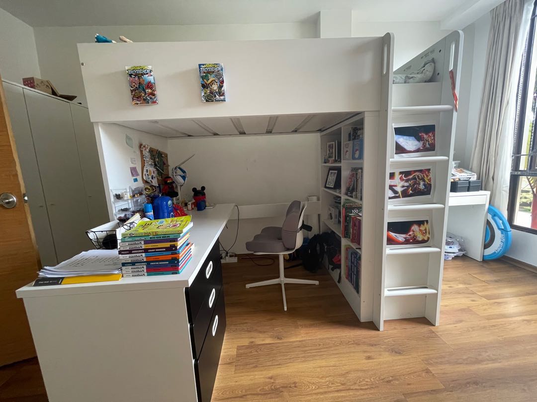 IKEA Loft Bed with Desk + Black Drawers, Furniture & Home Living