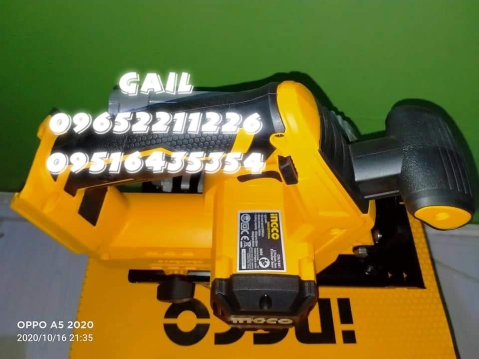 INGCO 20V Li-Ion Cordless Circular Saw (Category: Construction Tools & Equipment) located in Caloocan City. Submitted by abieghail (Listing ID 1178776055, Image 3). Description: INGCO 20v Cordless Circular Saw (NO Battery & Charger included) Model no. CSLI1401 No-load speed : 3600rpm Blade diameter : 150mm *45mm cut on 90° *33mm cut on 45° Adjustable cutting depth Adjustable bevel cutting With 1pc 150mm blade * BATTERY & CHARGER SOLD SEPARATELY. 