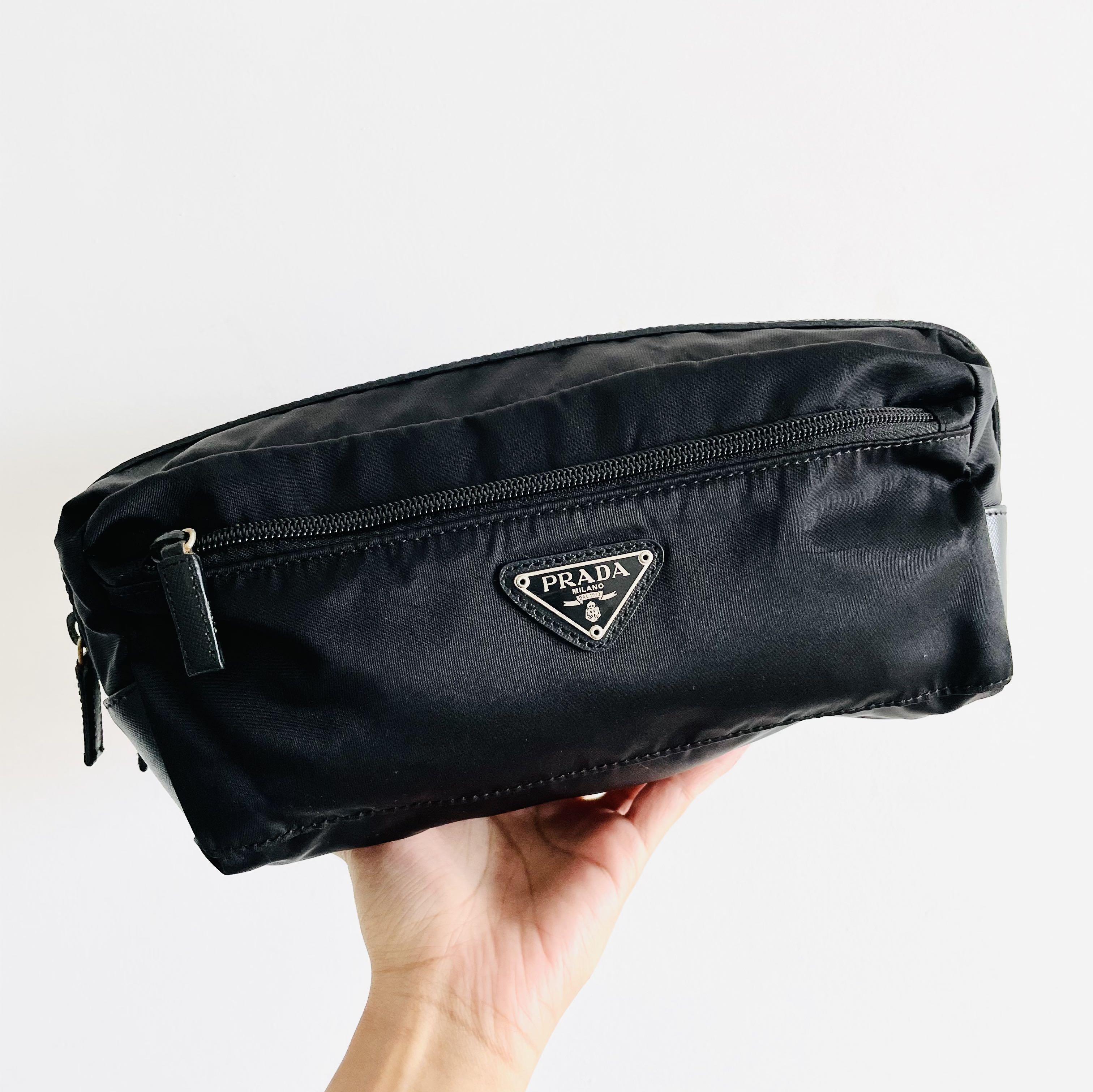 LIKE NEW Prada Black Classic Logo Nylon Saffiano Leather Double Zip Travel Pouch Case Clutch Authentic