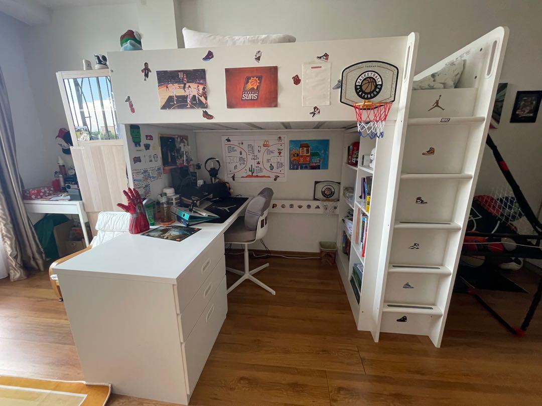 IKEA Loft Bed with Desk + Drawers (White), Furniture & Home Living
