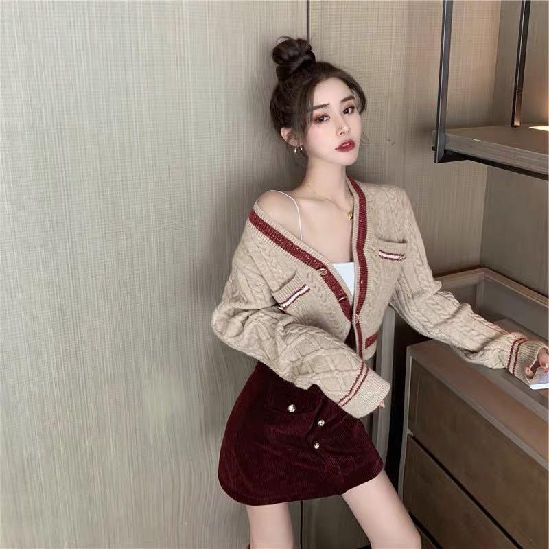 Maroon chanel style outfit knitted cardigan and velvet skirt, Women's  Fashion, Dresses & Sets, Sets or Coordinates on Carousell