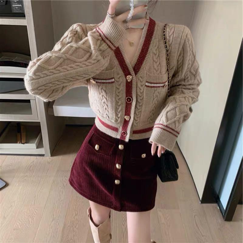 Maroon chanel style outfit knitted cardigan and velvet skirt, Women's  Fashion, Dresses & Sets, Sets or Coordinates on Carousell