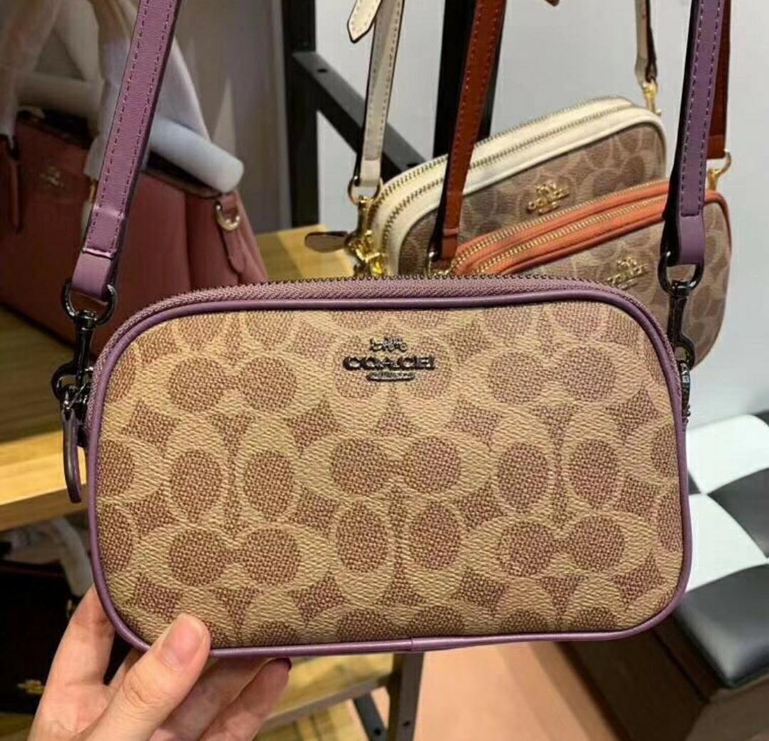 New Coach Original Sadie Crossbody Clutch Purple Strap With Brown Signature Collection Crossbody Sling Bag For Women Come With Complete Set Suitable