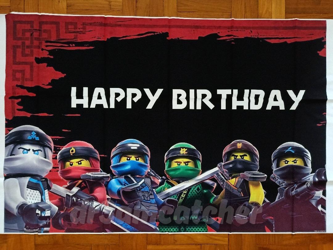 Ninjago party plates, cups, napkins, happy birthday banner, loot bags, table cloth cover, pinata