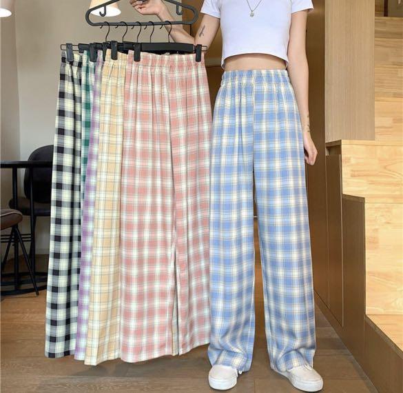 purple checkered plaid pants