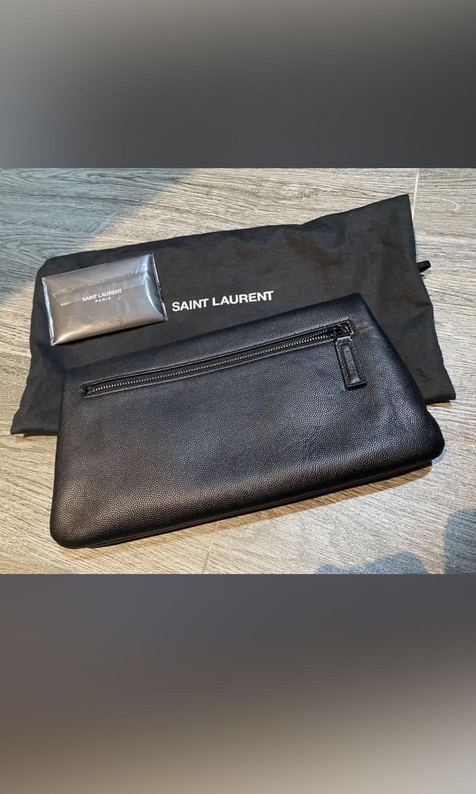 Saint Laurent YSL 601313 Black Grain Leather Fold Over Clutch Handbag