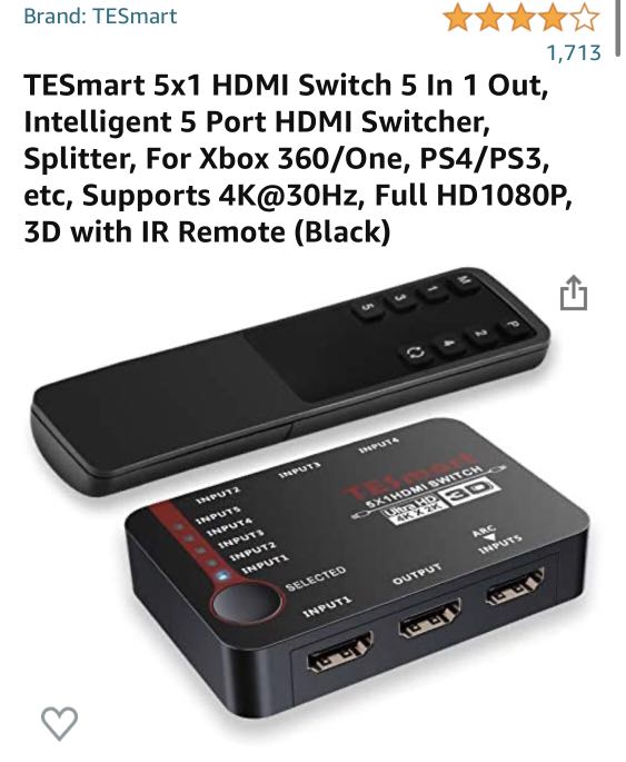 TESmart 5x1 HDMI Switch 5 In 1 Out Intelligent 5 Port HDMI Switcher Splitter For Xbox 360 One PS4 PS3 etc Supports 4K 30Hz Full HD1080P 3D with IR Remote Black Computers Tech Parts