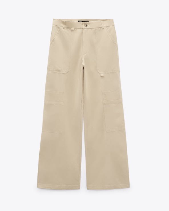 Zara FULL LENGTH LINEN BLEND CARGO TROUSERS Vanilla, Women's Fashion