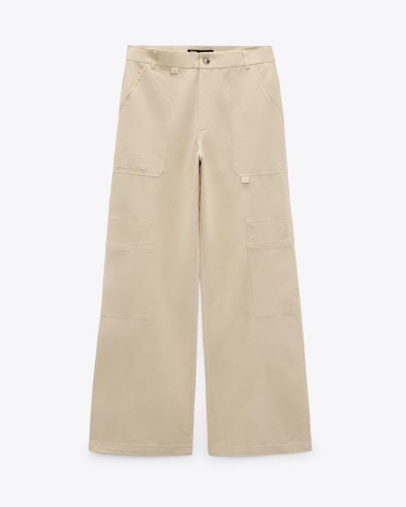 Zara FULL LENGTH LINEN BLEND CARGO TROUSERS Vanilla, Women's Fashion