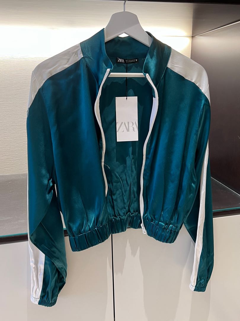 ZARA Green satin bomber jacket, Women's Fashion, Coats, Jackets and