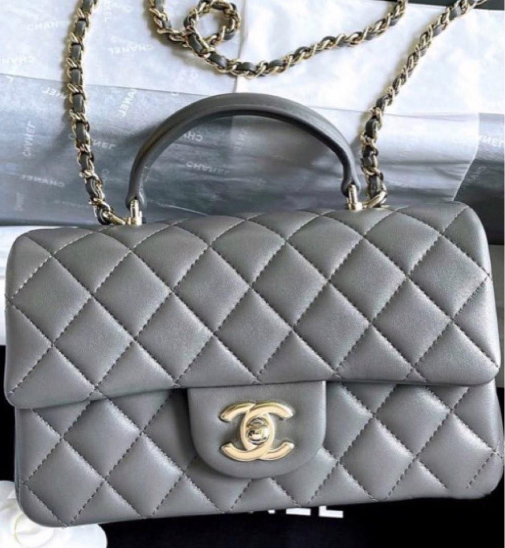 ? AUTHENTIC CHANEL 22A MINI RECTANGLE WITH TOP HANDLE GREY LAMBSKIN IN  GOLD HARDWARE, Luxury, Bags & Wallets on Carousell