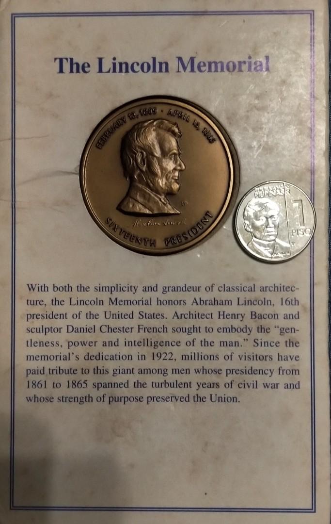 Abraham Lincoln Medal (Category: Currency) located in Manila. Submitted by angeljane7778 (Listing ID 1179046369, Image 3). Description: Lincoln Memorial Medal , Php 4500 plus shipping 150..
